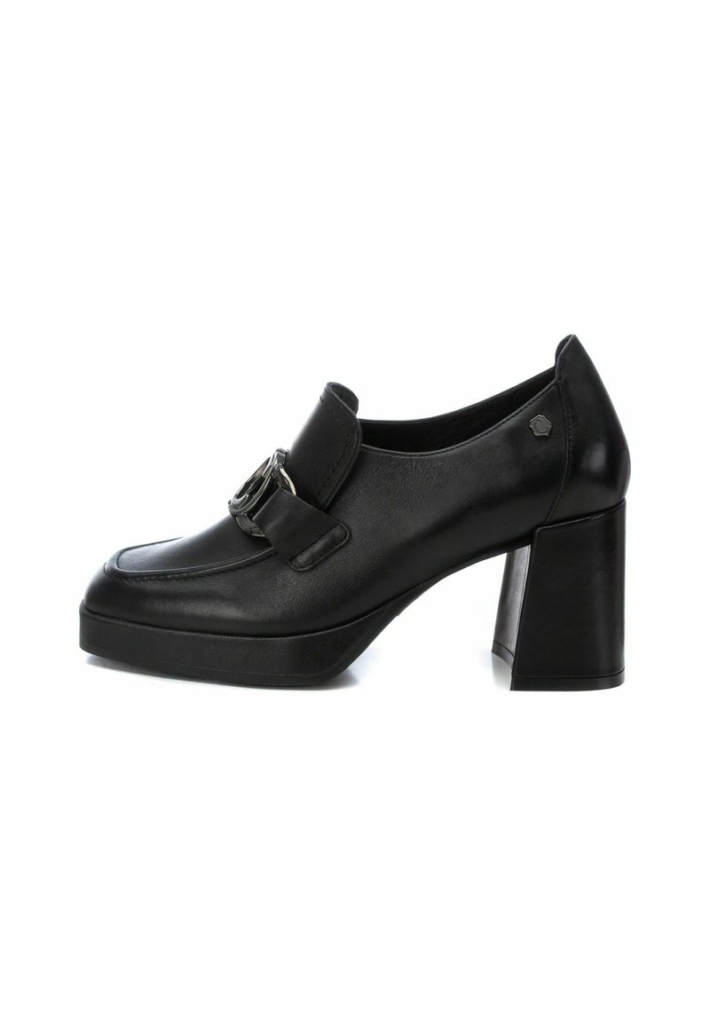 Scarpe con tacco alto in pelle nera, con punta arrotondata, pannello frontale piatto, fibbia decorativa e tacco a blocco spesso. Superficie testurizzata.