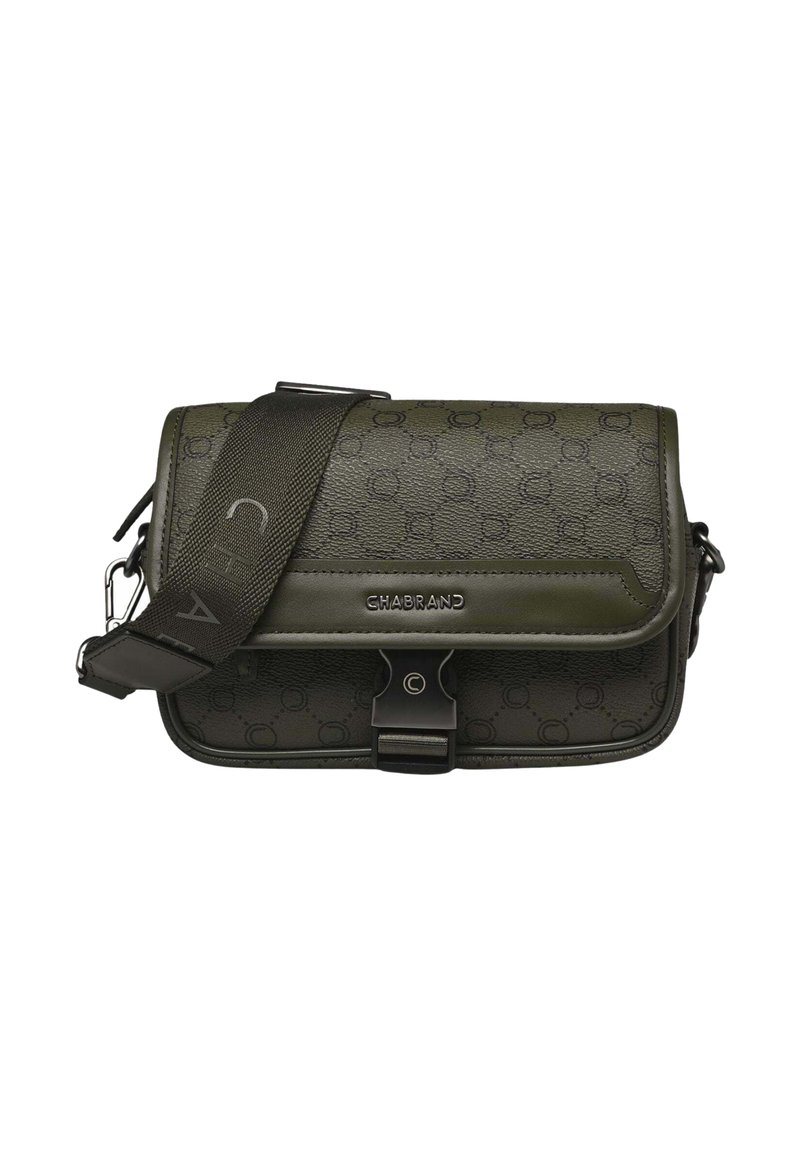 Sac bandoulière en matériau texturé vert olive foncé, avec impression du logo, bandoulière ajustable et fermeture à pression magnétique.