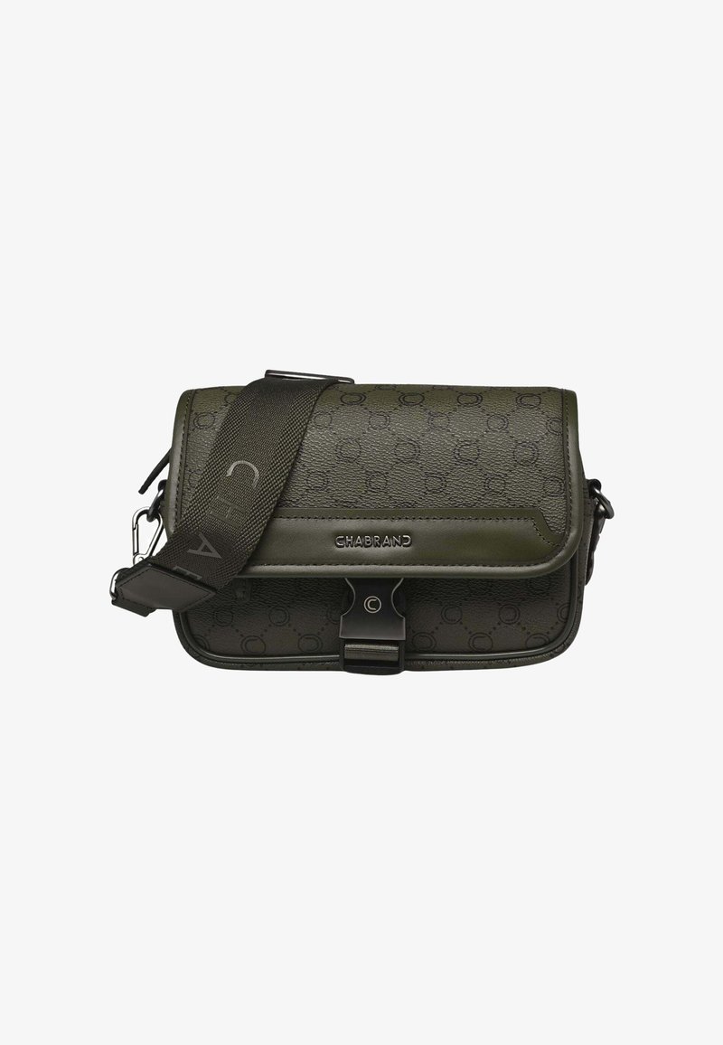 Sac bandoulière en matériau texturé vert olive foncé, avec impression du logo, bandoulière ajustable et fermeture à pression magnétique.