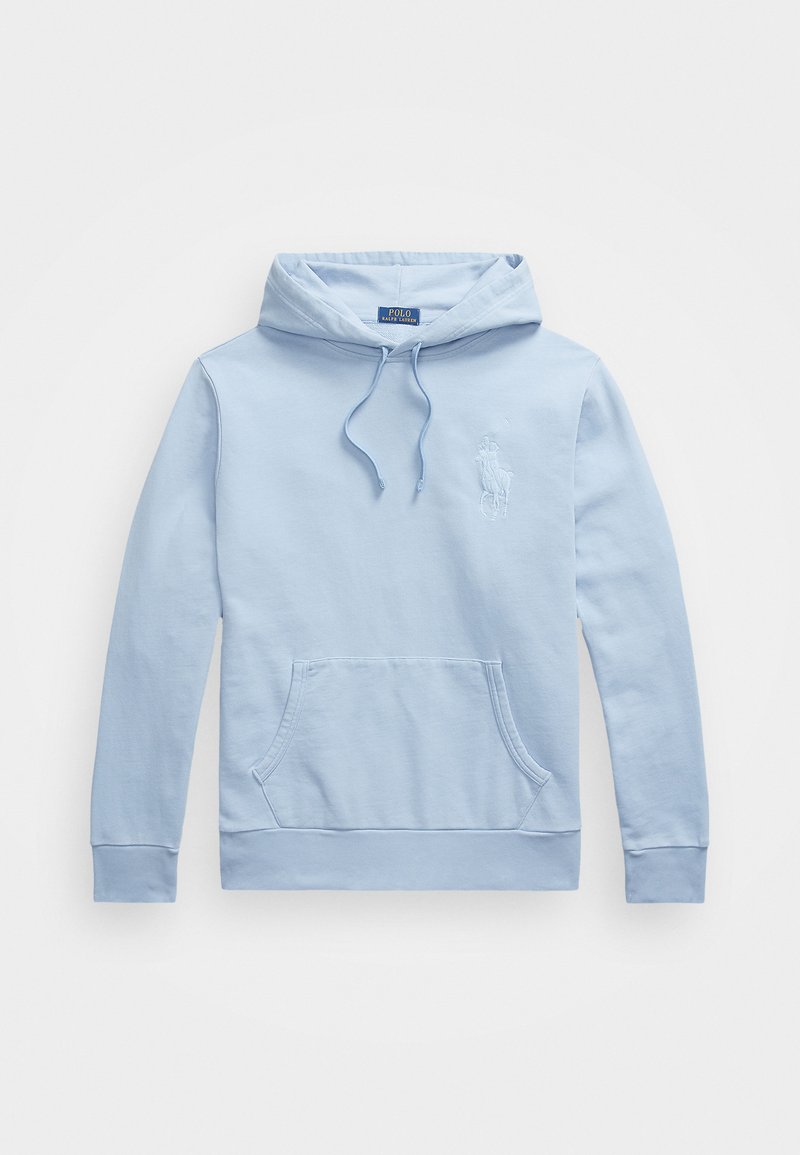 Sudadera azul claro hecha de suave algodón. Cuenta con un bolsillo frontal, capucha con cordón y un logo bordado en el pecho. Corte clásico.