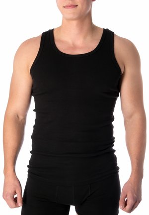 Schwarzes Tanktop aus Baumwolle, mit einer taillierten Passform, ärmellosem Schnitt und rundem Ausschnitt, mit glatter Textur und minimalen Nähten.