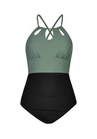 Maillot de bain une pièce vert et noir avec des bretelles croisées, des découpes et un corsage froncé, présentant une moitié inférieure noire unie.