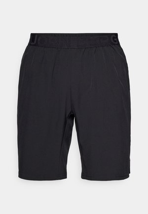 Schwarze Sportshorts mit elastischem Bund und Markenname. Hergestellt aus leichtem Stoff, glatter Textur, knielanger Ausführung.