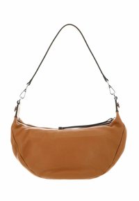 Borsa a spalla in pelle marrone con forma arrotondata, dotata di una chiusura lampo nera e di una tracolla regolabile e removibile con accessori in argento.
