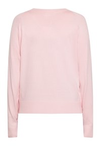 Helles rosa Sweatshirt mit Rundhalsausschnitt, langen Ärmeln und gerippten Bündchen und Saum. Glatte Textur, einfaches Design und keine sichtbaren Details.
