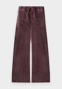 Pantalon large en velours côtelé couleur mauve foncé, avec taille élastique, cordon de serrage et deux grandes poches avant.