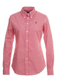 Košile s červenobílým kostkovaným vzorem, zapínání na knoflíky, dlouhé rukávy, límec a malé logo na levé straně. Bavlněná tkanina s hladkým povrchem.