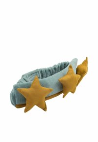Soft, blue corduroy headband with elastic section, featuring three mustard-colored star accents on one side. Textured and lightweight design.