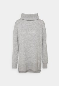 Helles graues, langärmliges Strickpullover mit hohem Rollkragen, lockerer Passform und gerippten Bündchen und Saum. Weiche Textur, keine Muster oder Akzente.