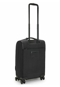 Black wheeled suitcase made of durable fabric, featuring a telescopic handle, side pocket, and smooth-rolling wheels for easy transport.