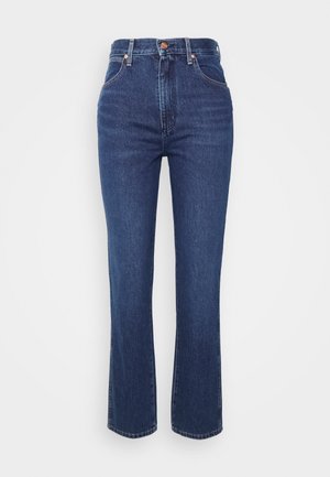 Jean en denim bleu foncé à taille haute, coupe droite, avec des détails de coutures discrètes. Comprend un bouton à l'avant et cinq poches.
