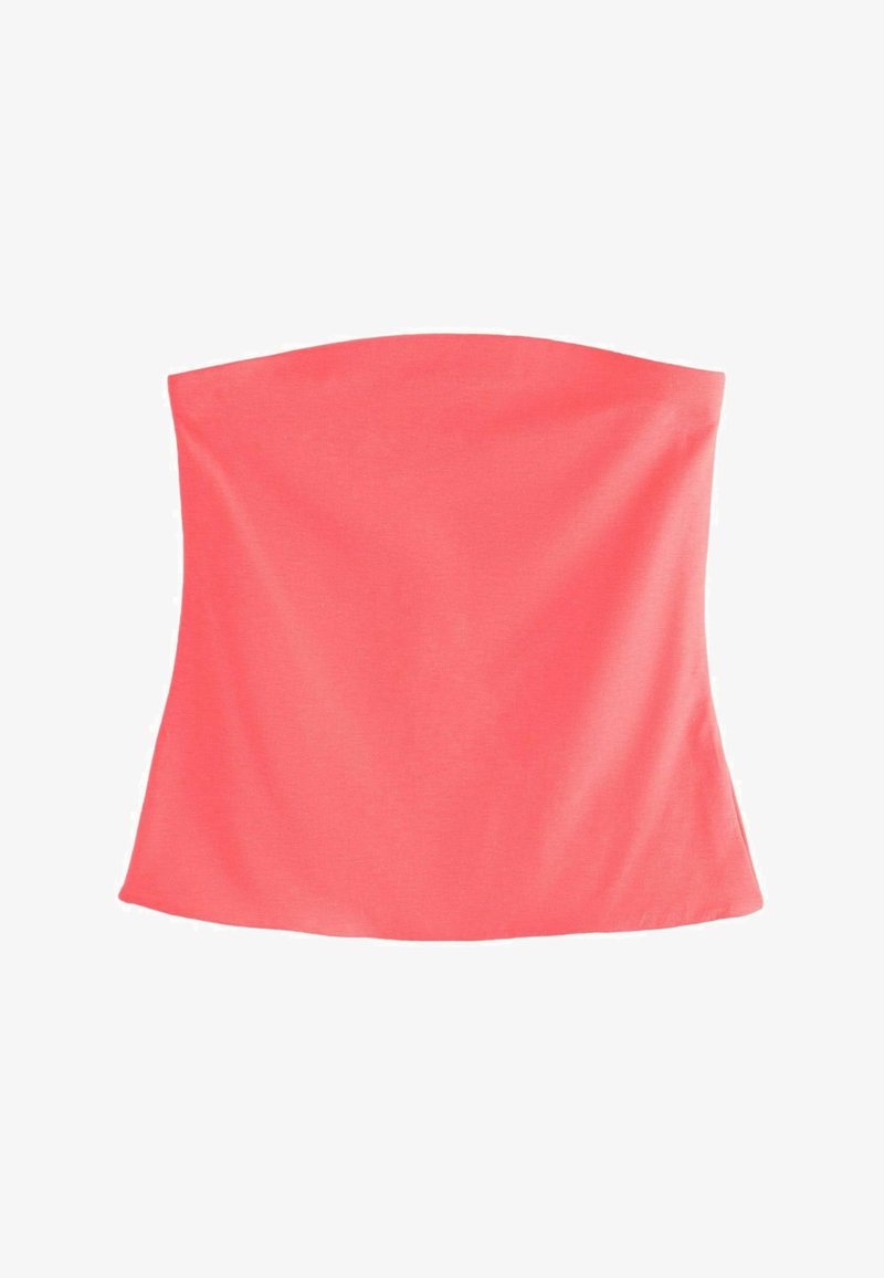 Top tubo sin tirantes color coral rosa con textura suave y ligera abertura en la parte inferior, exhibido sobre fondo blanco.
