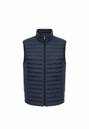 Gilet imbottito blu navy con colletto alto, zip frontale e tasche laterali; texture trapuntata e materiale leggero.