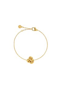 Złota bransoletka łańcuszkowa z centralnym motywem węzła. Łańcuszek jest delikatny, z zapięciem typu karabińczyk oraz dodatkową pętlą umożliwiającą regulację długości.