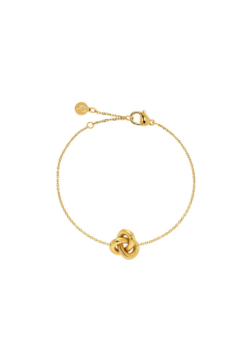 Złota bransoletka łańcuszkowa z centralnym motywem węzła. Łańcuszek jest delikatny, z zapięciem typu karabińczyk oraz dodatkową pętlą umożliwiającą regulację długości.