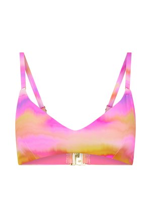 Pink-gelber Batik-Bralette mit verstellbaren dünnen Trägern und einer goldenen Frontverschlussklammer auf weißem Hintergrund.
