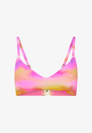 Pink-gelber Batik-Bralette mit verstellbaren dünnen Trägern und einer goldenen Frontverschlussklammer auf weißem Hintergrund.