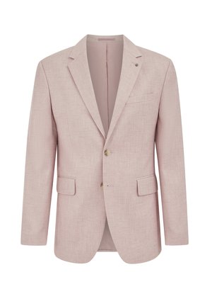 Blazer rosa claro de un solo botón con solapas con muesca, dos bolsillos frontales con solapa, bolsillo en el pecho y dos botones en la parte delantera.