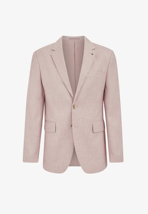 Világos rózsaszín egysoros zakó bevágott hajtókával, két első zsebfedővel, mellzsebbel és két gombbal az elején.