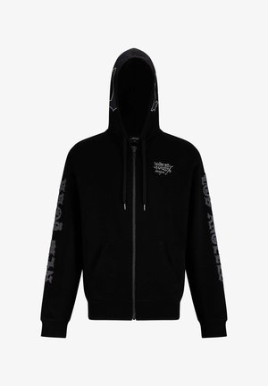 Zwarte zip-up hoodie van een katoenmix. Voorzien van een trekkoordcapuchon, twee voorzakken en een grijze tekstopdruk op de mouwen.