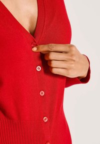 Roter Cardigan mit V-Ausschnitt, geripptem Muster und sechs runden Knöpfen, mit tailliertem Schnitt und langen Ärmeln.