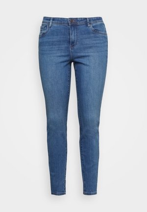 Niebieskie dopasowane jeansy denim z przednim guzikiem i zamkiem błyskawicznym, pięcioma kieszeniami i zwężanymi nogawkami.