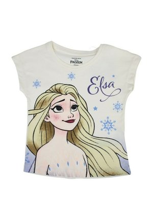 T-shirt bianco con un'illustrazione stampata di un personaggio con lunghi capelli biondi, circondato da fiocchi di neve e il nome "Elsa" in viola.