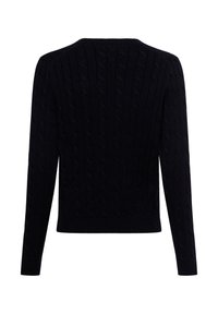Marineblaue Strickjacke mit Zopfmuster, langen Ärmeln und geripptem Saum. Rückansicht zeigt den Rundhalsausschnitt und den strukturierten Stoff.