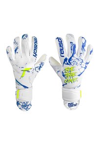 Guanti da portiere Reusch bianchi con accenti blu. Presentano un palmo testurizzato, una cinghia regolabile e una stampa grafica che include "ESSERE L'UNICO."
