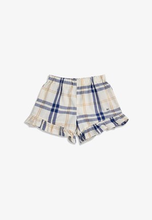 Hvide shorts med blå og orange ternet mønster, elastisk talje og flæsekant, med lille "BC" broderi på højre ben.