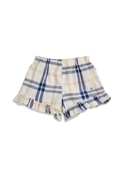 Shorts blancs à motif écossais bleu et orange, taille élastique et ourlets volantés, avec une petite broderie "BC" sur la jambe droite.