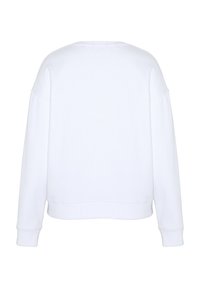 White sweatshirt with a textured finish, featuring a crew neckline, dropped shoulders, and ribbed cuffs and hem. Simple and unembellished design.