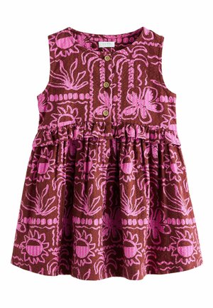 Ärmelloses braunes Kleid mit pinken Blumen- und abstrakten Mustern, drei vorderen Holzknöpfen und einem gerafften Taillendetail.