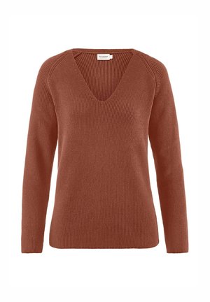 Rostfarbener Pullover aus geripptem Strickstoff, mit tiefem V-Ausschnitt, langen Ärmeln und lockerer Passform.