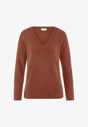 Rostfarbener Pullover aus geripptem Strickstoff, mit tiefem V-Ausschnitt, langen Ärmeln und lockerer Passform.