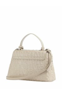 Borsa a tracolla beige con motivo logo a rilievo, design strutturato, manico superiore e tracolla removibile. Texture liscia.