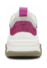 White sneaker with pink and silver rear accents, featuring a textured finish and gem-like embellishments. Includes a pink loop for easy wear.