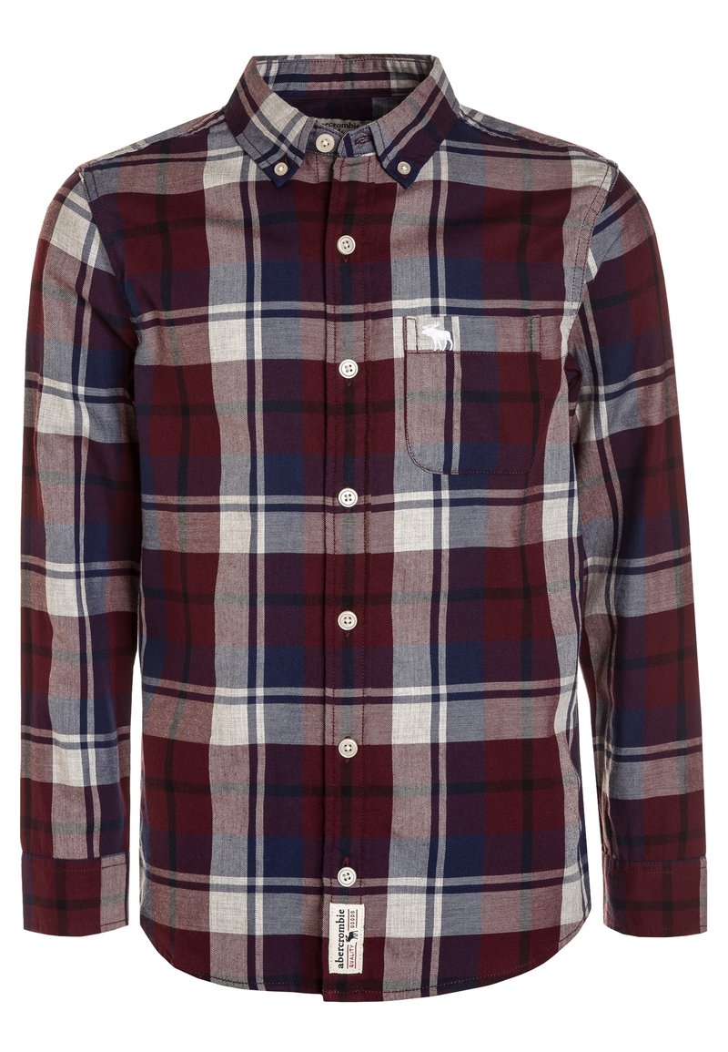 Koszula w kratę zapinana na guziki, w kolorach bordowym, granatowym i szarym, z kieszonką, kołnierzykiem zapinanym na guziki oraz logo na piersi.