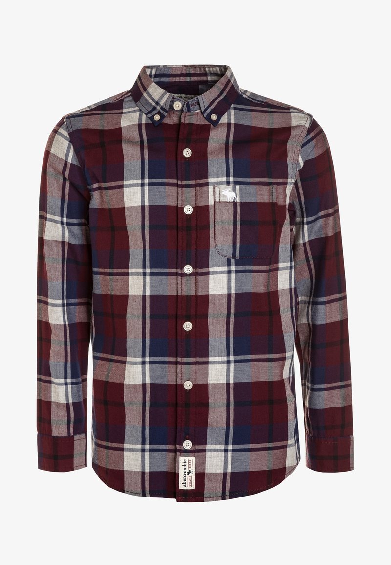 Koszula w kratę zapinana na guziki, w kolorach bordowym, granatowym i szarym, z kieszonką, kołnierzykiem zapinanym na guziki oraz logo na piersi.