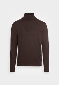 Pull à col roulé marron en tissu doux, doté de manches longues, d'un col ajusté et d'un design simple et épuré sans motifs.