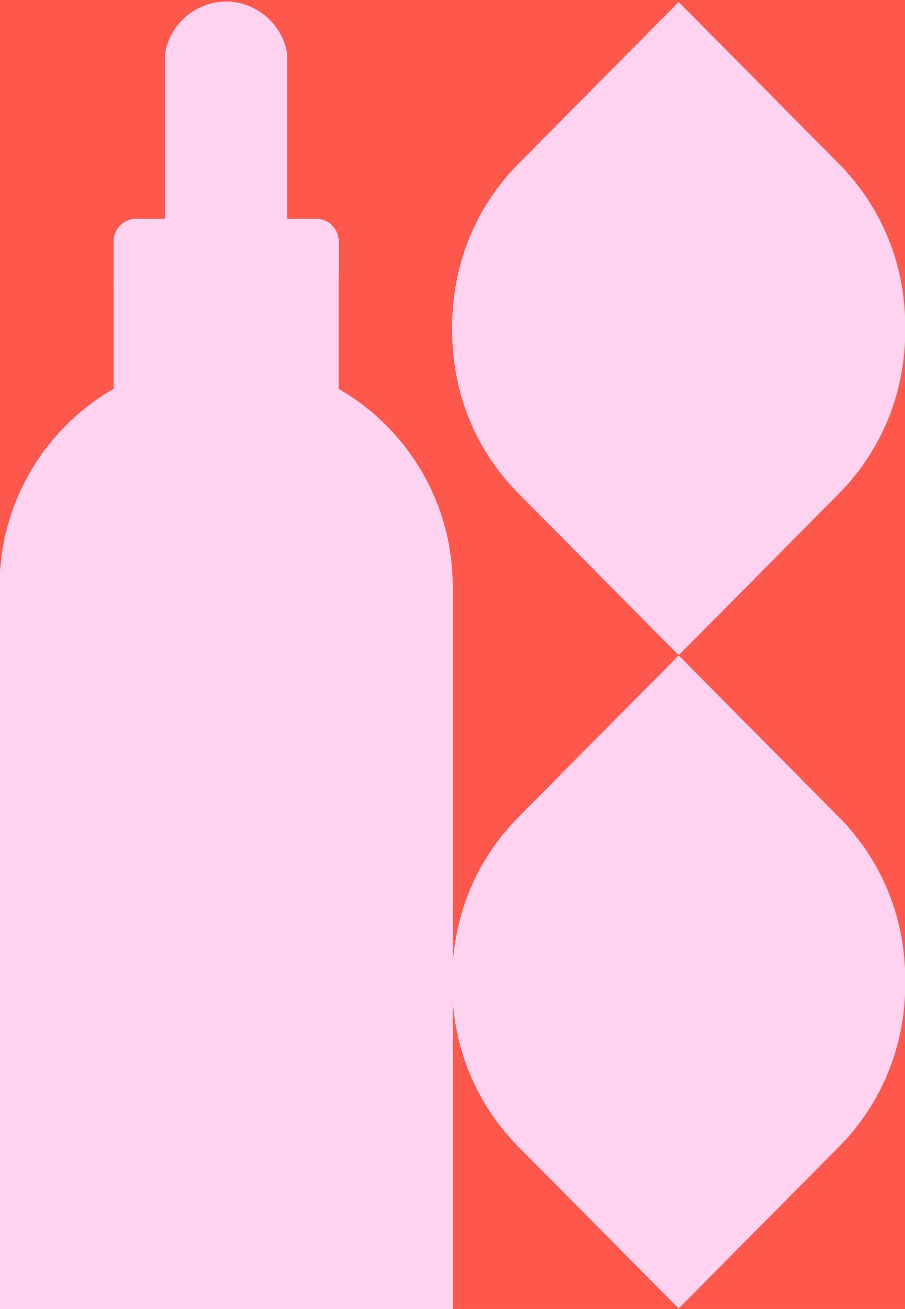 Pink dropper bottle with a rounded body, narrow neck, and flat top, set against a coral background with abstract pink shapes.