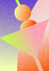 Abstraktný dizajn s oranžovými a žltými kruhovými tvarmi, zelenými a ružovými trojuholníkmi na gradientnom pozadí fialovej a šedej farby, s trblietkami.