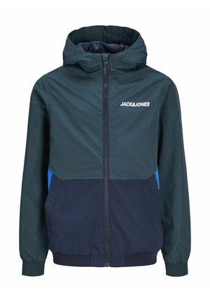 Hooded jaka ar krāsu bloku dizainu tumši zaļā, jūras zila un zila krāsā, ar rāvējslēdzēja aizdari un izšūtu logotipu uz krūtīm.