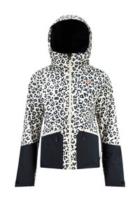 Kurtka w panterkę z czarną dolną częścią, odpinanym kapturem, zamkiem z przodu i regulowanymi mankietami. Wykonana z tkaniny odpornej na wodę.