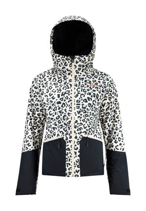 Jasje met luipaardprint en een zwart onderste gedeelte, afneembare capuchon, ritssluiting aan de voorkant en verstelbare manchetten. Gemaakt van een waterafstotende stof.