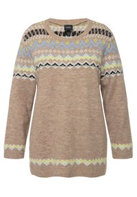 Beige gestrickter Pullover mit rundem Ausschnitt, der mehrfarbige geometrische Muster in Schwarz, Blau, Gelb und Grün auf der Brust und den Bündchen aufweist.