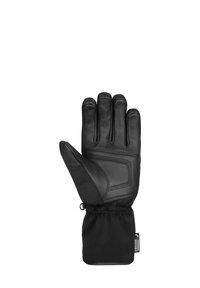 Schwarzer Lederhandschuh mit gepolstertem Handflächenbereich, Fünf-Finger-Design und elastischem Bündchen für einen sicheren Sitz. Glatte Oberfläche mit kontrastierenden Nähten.
