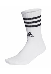 Weißer Sportsocke mit schwarzen Streifen am Bündchen und schwarzem Adidas-Logo. Hergestellt aus weichem Material mit einem gerippten Muster.