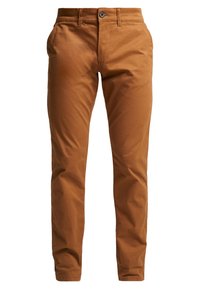 Brown cotton chinos with a straight leg design, featuring two side pockets, a single back pocket, and a button closure. Smooth texture.