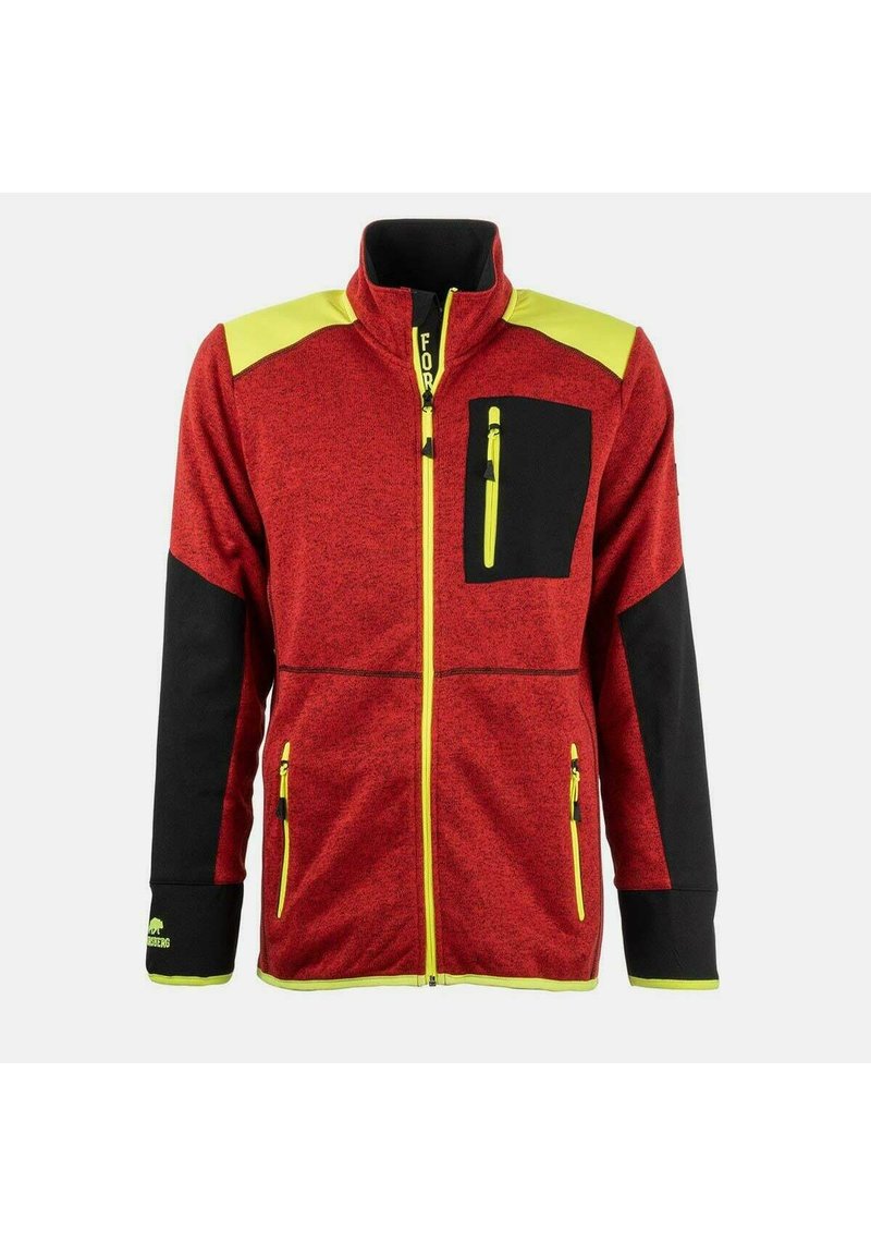 Chaqueta de forro polar roja con acentos en negro y amarillo neón, cierre de cremallera completa, un bolsillo en el pecho con cremallera y dos bolsillos frontales.